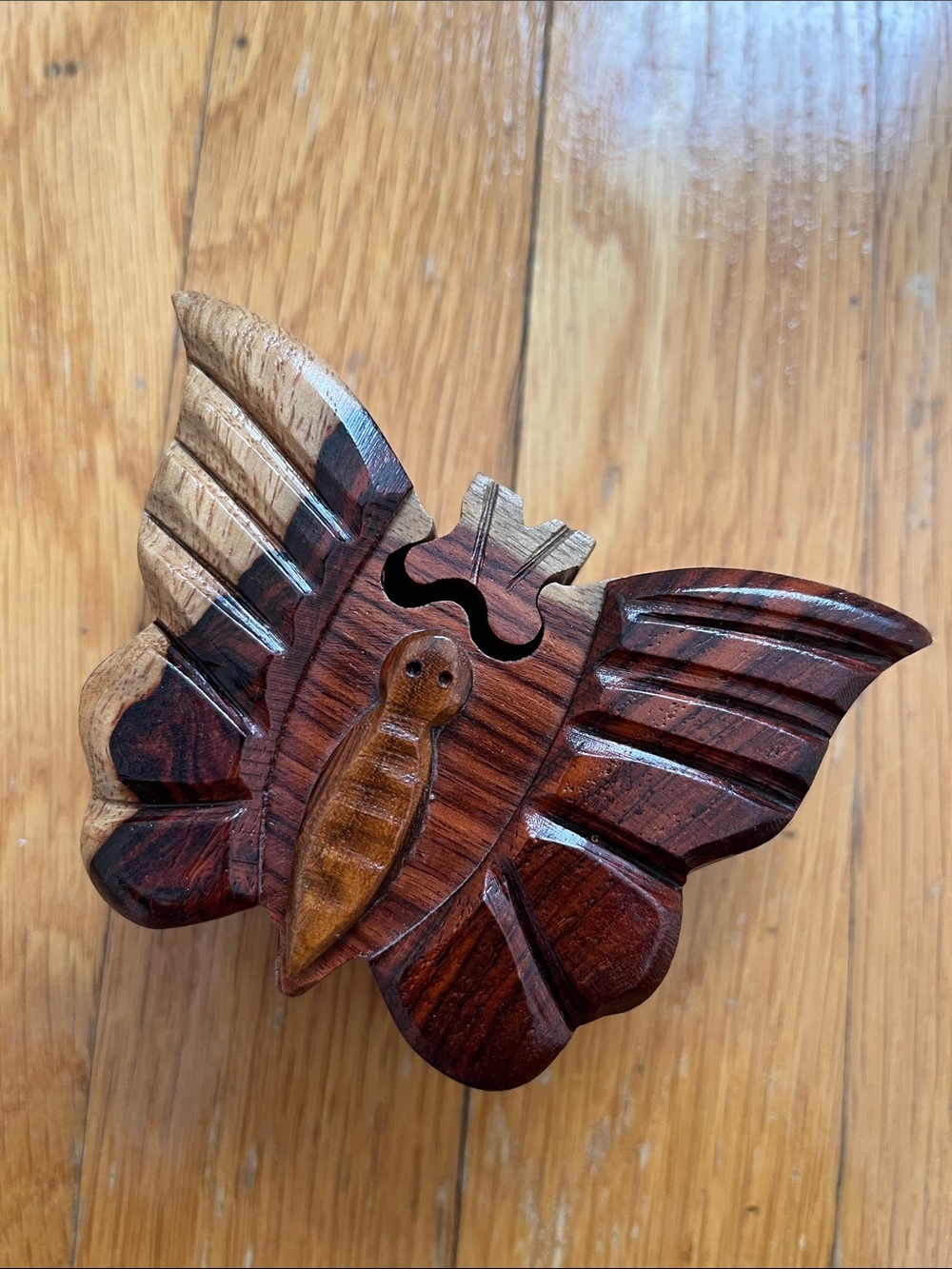 Butterfly Carved Wooden Puzzle Jewelry Box Small Treasure Keeper 4 Pieces
